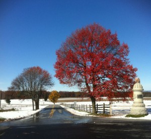 That's the 63rd Pennsylvania monument at the corner of Emmitsburg Road and Wheatfield Road.