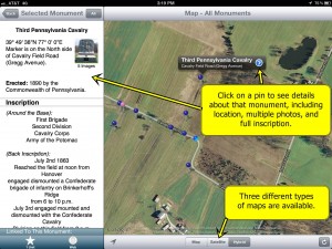The satellite and hybrid maps show the monuments in the context of structures and geographic features.  Click on a monument to see all of its details, including location, full inscription, and photograph(s).